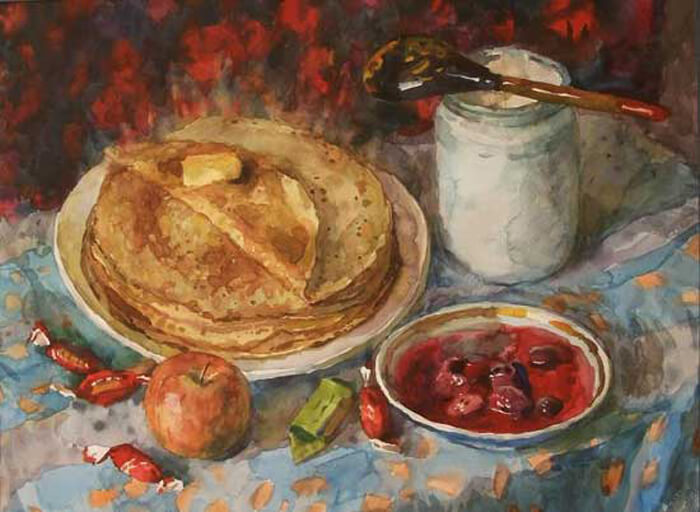 картина с блинами и вареньем масленица